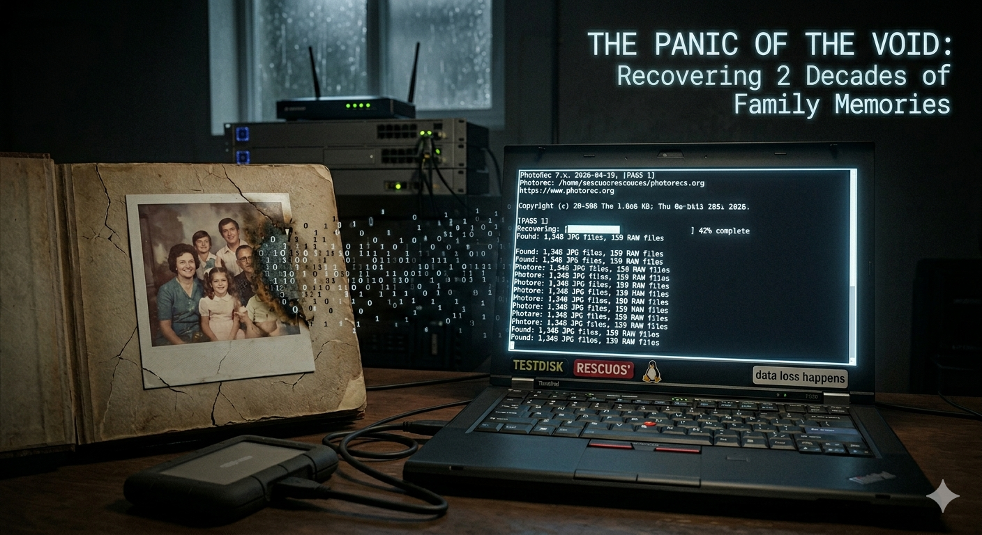 Photo album next to a computer, bits and bytes flowing between them.