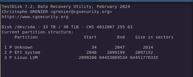 testdisk showing an initial quick scan looking for fs superblocks.