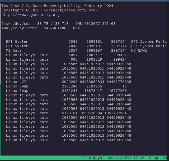 testdisk showing a deep scan looking for fs superblocks.