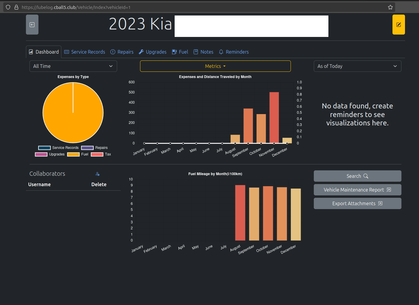 Lubelog Kia dashboard.