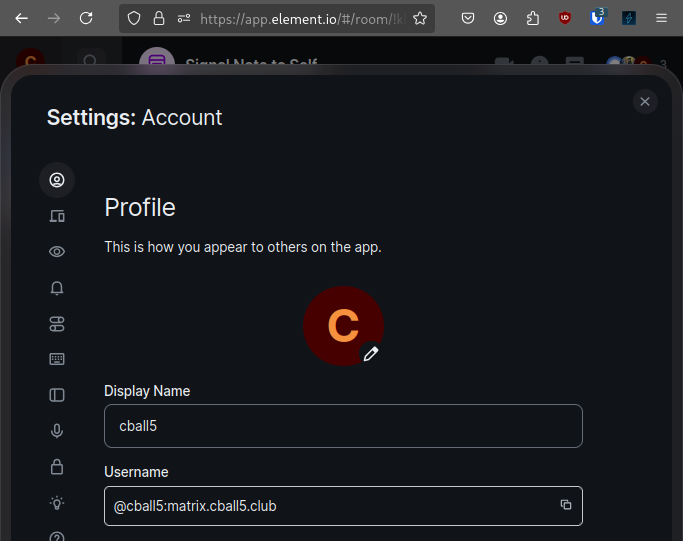 Element web client account properties.
