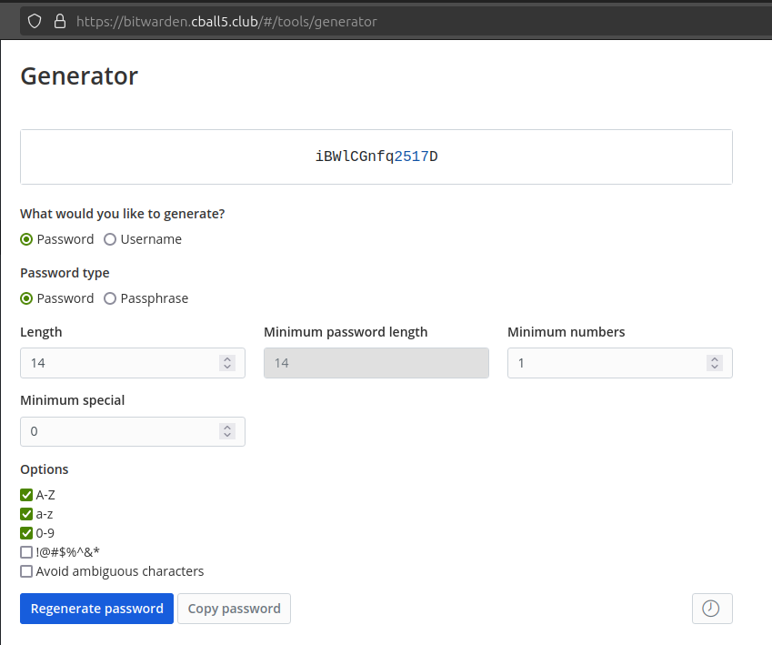 Vaultwarden password generator.