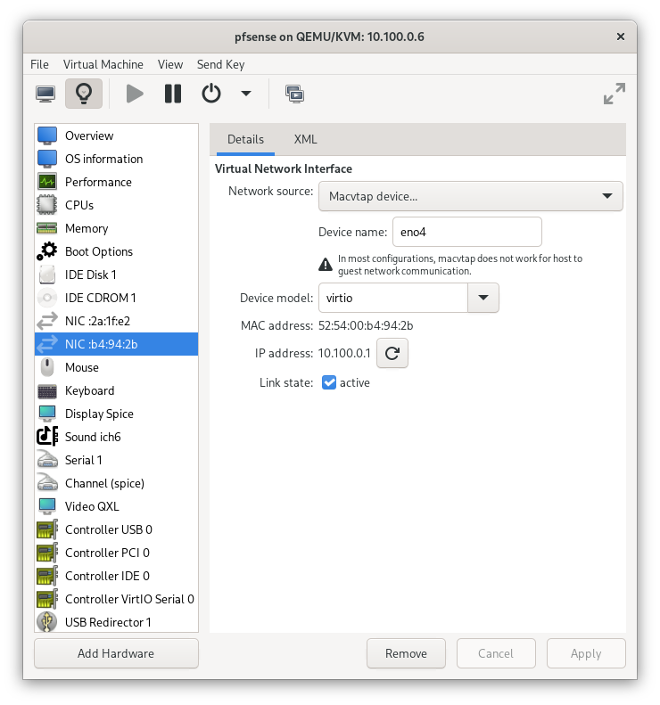 pfsense on virt-manager detailing macvtap passthrough