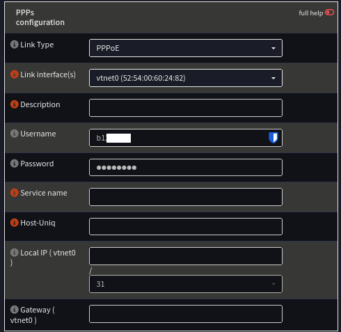 OPNSense PPPoE interface creation page.