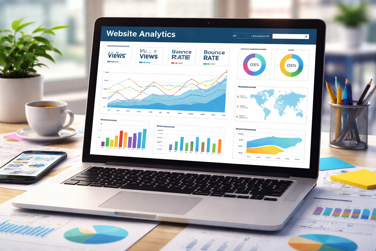 Laptop with a generic website analytics page open.
