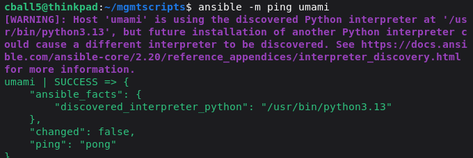 Ansible pinging the umami host.