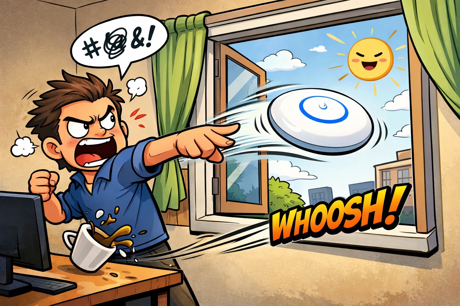 Cartoon depicting throwing a UniFi access point out of the window.