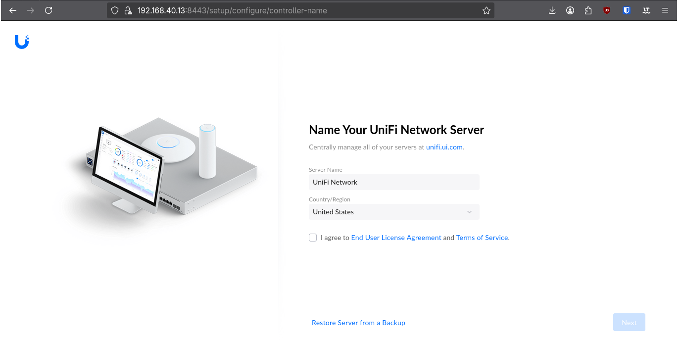 UniFi setup screen